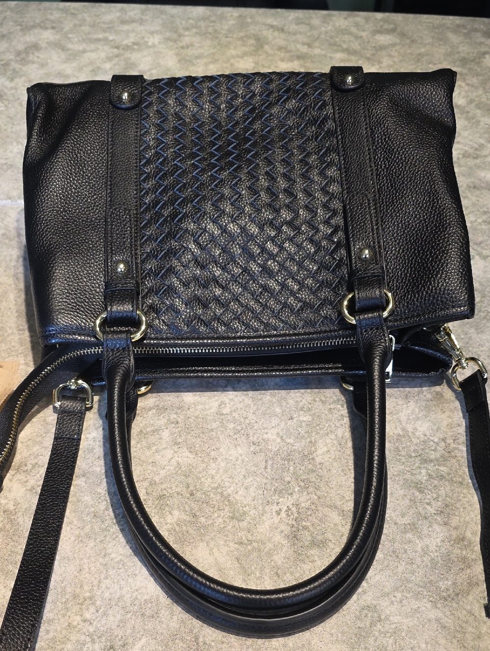 Black Woven-Panel Satchel with Top Handles